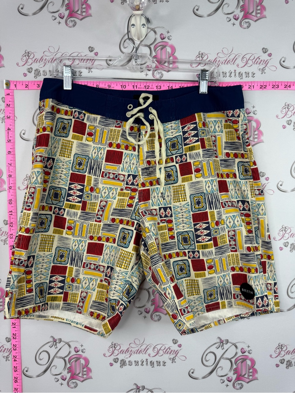 Brixton shorts Multicolor Geometric Patchwork Swim Shorts with Navy Waistband